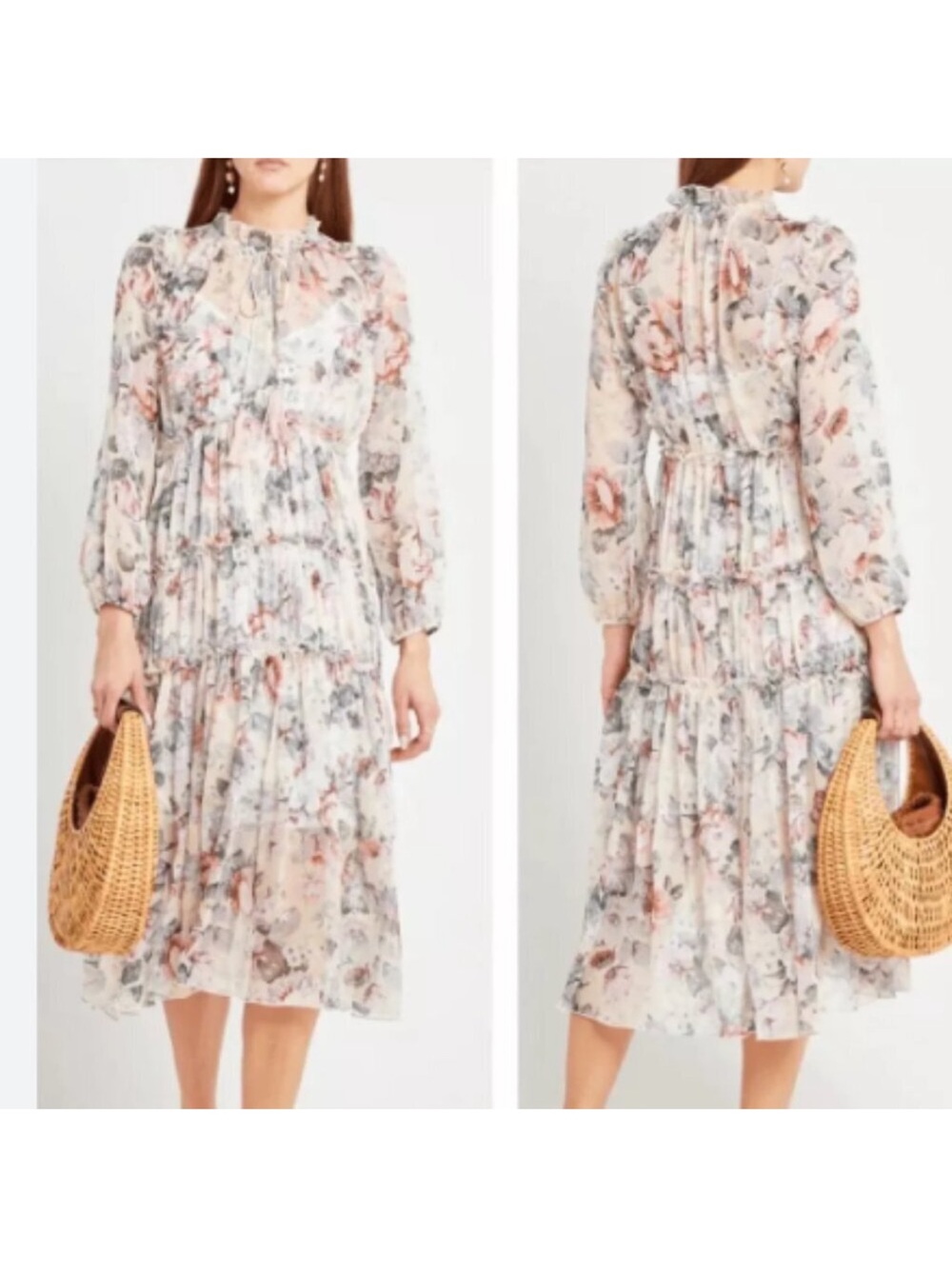 O.P.T. Anthropologie Felicity Floral Ruffle Tiered Midi Dress Cream/Pink Small